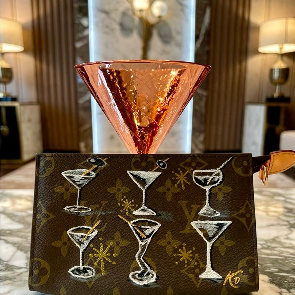 Louis Vuitton Monogram Pouch with White & Gold Hand-Painted Martini Motifs
